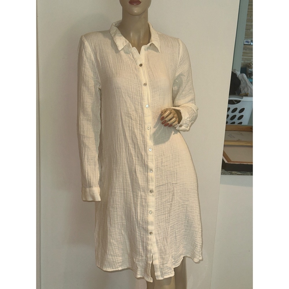 Eileen Fisher Cream 100% Organic Cotton Gauze Button Long Sleeve Shirt Dress S